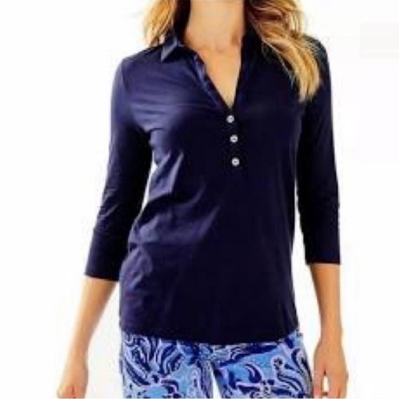 Lilly Pulitzer Shirt Ansley Polo Top True Navy Blue Button Placket Pima Cotton L - Picture 1 of 10
